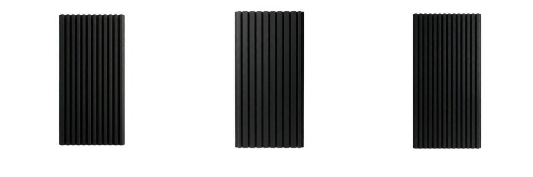 Set of black corrugated metal panels and ribbed industrial sheets isolated on transparent background, vertical fluted texture surfaces and architectural building material graphics vector illustration 
