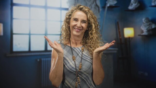 Middle age woman smiling with hands on chest and beaded necklace in an artist studio by a window; gratitude warmth.
