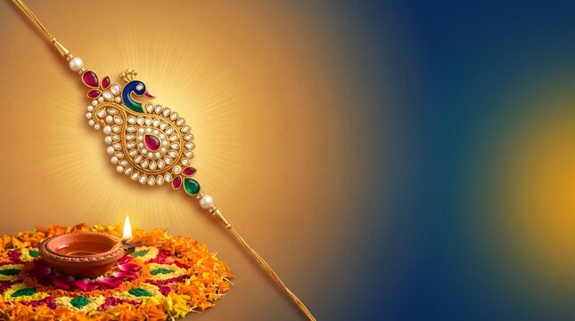 A handcrafted gold peacock paisley Rakhi with Kundan stones and glowing clay Diya oil lamp on marigold Rangoli for Raksha Bandhan