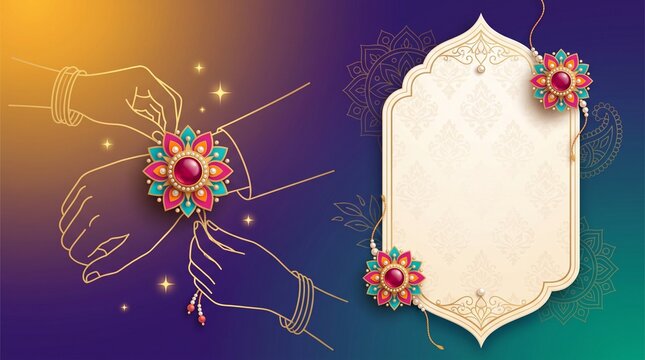 A minimalist gold line art of sister hands tying Rakhi on brother wrist with 3D floral emblem and Mughal arch frame for Raksha Bandhan