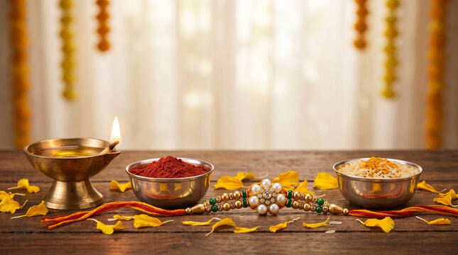 A traditional Raksha Bandhan festival still life with glowing brass Diya oil lamp, Kumkum powder, and silk thread Rakhi on teakwood