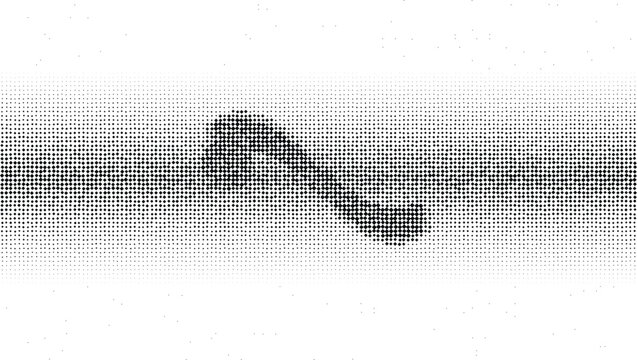 Horizontal halftone wave pattern with a central s-shaped curve of dense black dots on a white background, with scattered noise