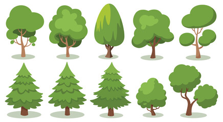 Isometric trees and bushes vector set featuring deciduous and coniferous varieties in clean botanical landscape illustrations. © SAHERA