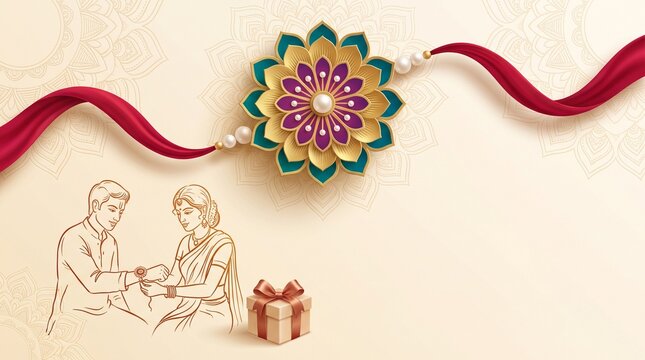 The 3D paper craft floral Rakhi motif with silk thread and line illustration of sister tying Rakhi on brother for Raksha Bandhan banner