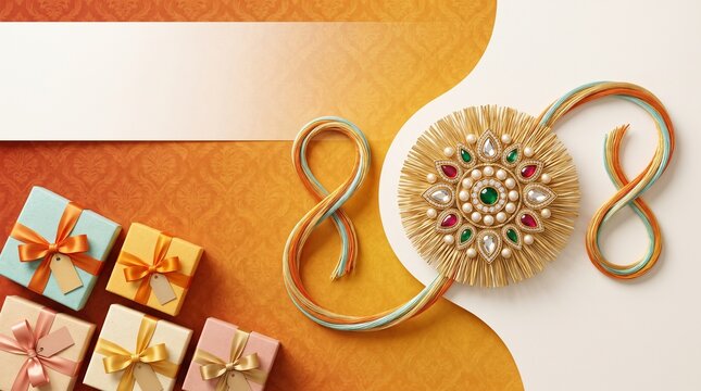 The ggift boxes in handmade paper with handcrafted floral Rakhi motif and silk threads on split background for Raksha Bandhan web banner