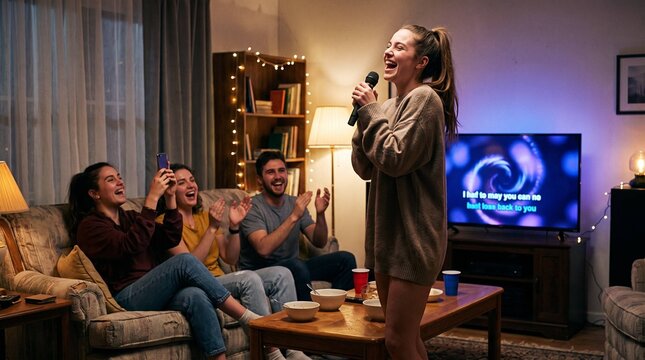 Woman laughing while singing karaoke on coffee table with friends cheering at home