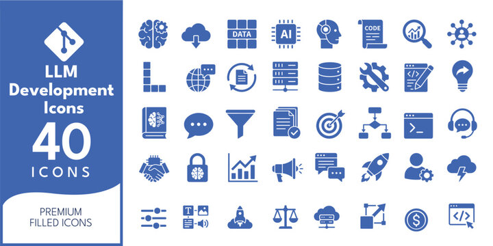 Llm development icon set 40 premium filled icons for artificial intelligence and machine learning projects