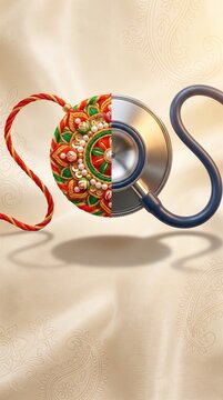 A hybrid floral Rakhi and metallic medical stethoscope head with silk threads for healthcare tribute Raksha Bandhan