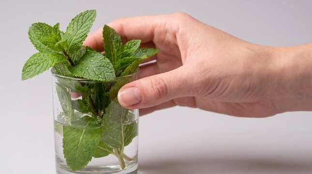 Hand placing fresh mint sprigs into glass of water on white background