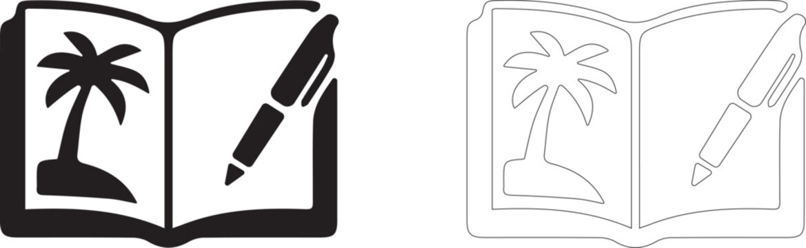 Open notebook with palm tree and pen vector icon filled and outline, keeping travel journal and notes symbol.