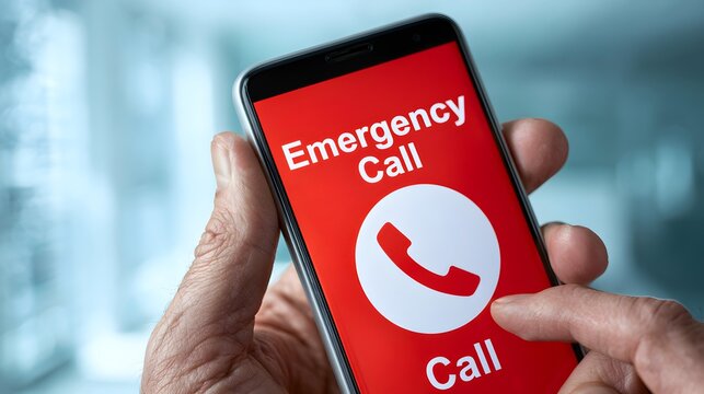 Emergency call on smartphone screen, hand holding mobile phone for urgent assistance, red digital interface for safety services