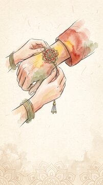 A charcoal line art with watercolor washes of sister hands tying floral mandala Rakhi on brother wrist for Raksha Bandhan