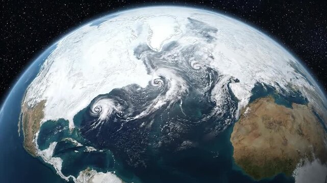 Planet covered extensively by ancient glacial ice sheet, depicting global freezing event, extreme cold climate, prehistoric geological era, vast frozen ocean surface, dramatic environmental change.