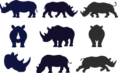 Fototapeta premium Wild Animal Rhino, Rhinoceros Silhouette Vector Set 