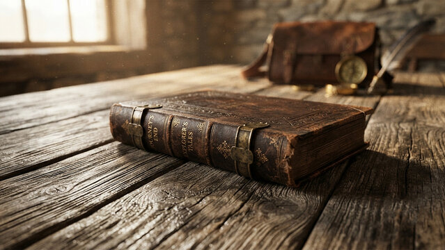 Antique Leather Bound Journal with Metal Clasps on a Rustic Wooden Table in a Vintage Medieval Study