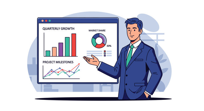 Man presenting business growth charts and project milestones on screen