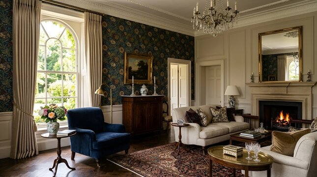 Elegant Living Room with Antique Fireplace, Floral Wallpaper, and Large Window