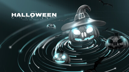Fototapeta premium Spooky Black Pumpkin Displaying Bright Blue Light Glow Eyes Surrounds Magic Space Vortex Introducing Fun Happy Halloween Festival Celebration Poster Graphic.