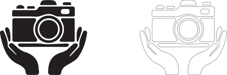 Hands holding digital camera vector icon filled and outline, tourism photography and sightseeing shooting symbol. © PicMag