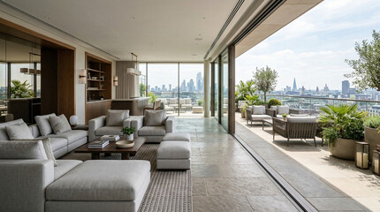 Obraz premium Modern luxury apartment terrace cityscape view, spacious living room, urban oasis