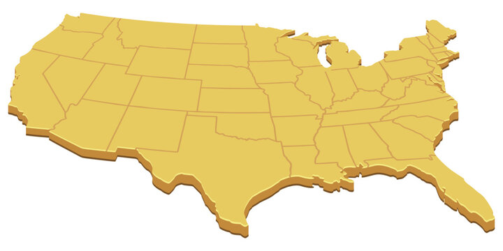 3D isometric yellow map of United States with state boundaries representing American national territory, regional administration, and geopolitical geography. (cut out)