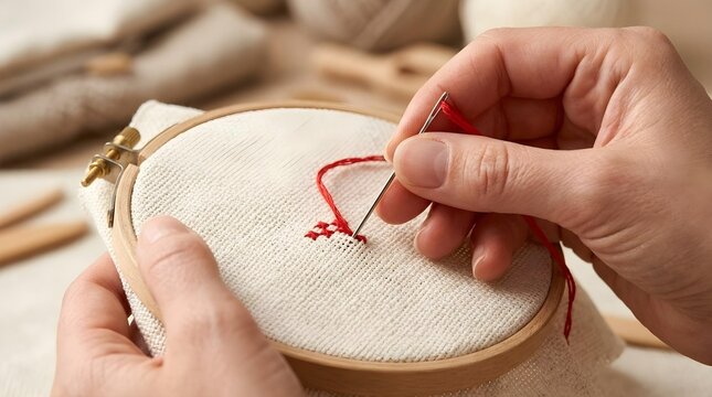 Horizontal image: Close-up of hands with a needle and red thread cross-stitching on Aida cloth in a hoop
