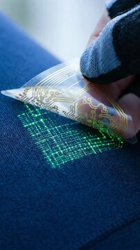 Nano film technology on fabric with gloved hand and green circuit glow, heat transfer on blue fabric, peel film, smart textile close up