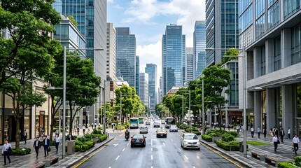 Obraz premium Modern City Street with Green Trees and Tall Buildings