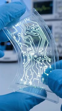 Nano film technology flexible circuit material in gloved hand holding curved transparent film for laboratory testing and monitoring
