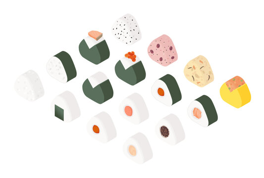 色々なおにぎりのアイソメトリックイラスト