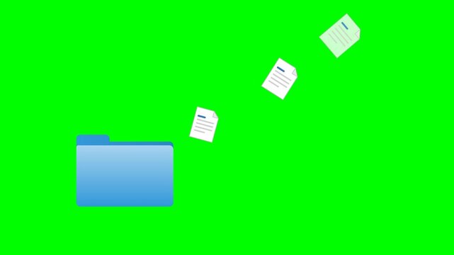 Animated folder icon with flying documents on green screen background