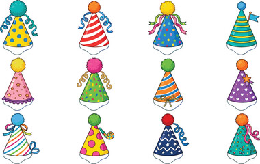 Colorful birthday party hats vector illustration set featuring festive cones with patterns stripes and pom poms for celebration marketing commercial design