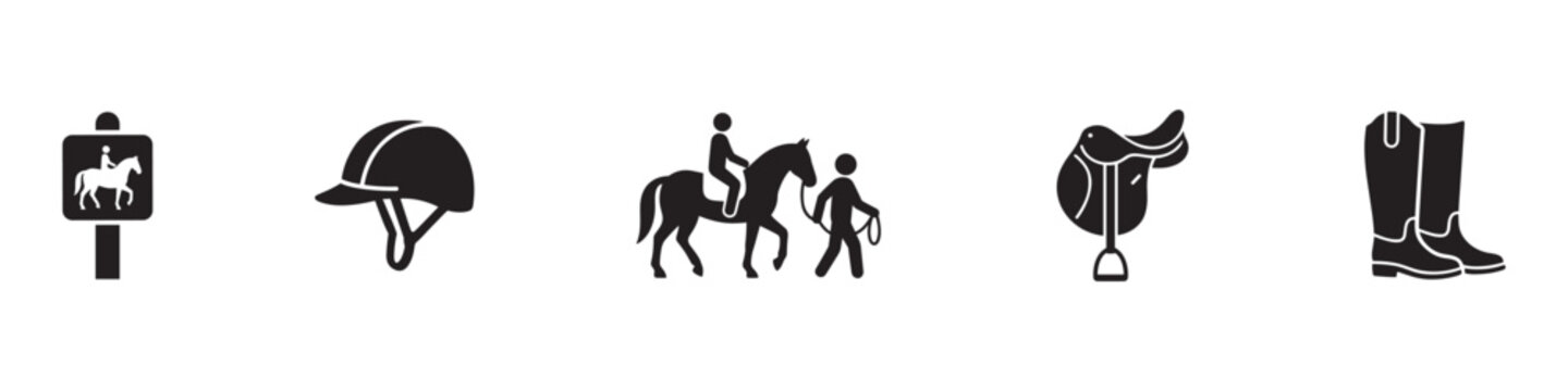 Horse riding icon set. Horse trail sign, riding helmet cap, leading horse, saddle with stirrup and riding boots. Vector illustration.