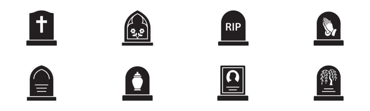 Tombstone and headstone icon set. Gravestones with cross, RIP inscription, praying hands, flowers, cremation urn, photo frame and weeping willow. Vector illustration.