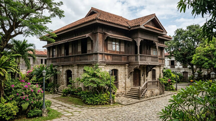 Fototapeta premium Historic colonial house with stone and wood, surrounded by lush greenery and flowers.