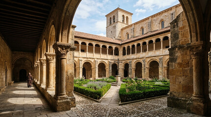 Naklejka premium Ancient Monastery Courtyard with Cloisters and Garden | Historical Architecture