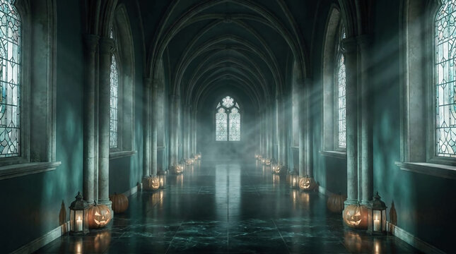 Long, foreboding gothic corridor illuminated by ethereal light beams and a pathway of glowing pumpkin lanterns, evoking an enchanting, mysterious autumn night