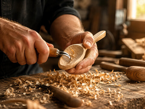 A skilled woodworker meticulously carves a piece of light-colored hardwood with a chisel, demonstrating precision and expertise in a traditional woodworking setting.