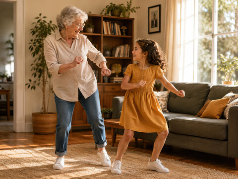 An elderly woman and a young girl are joyfully engaged in a playful dance within a warm and inviting living room, creating a heartwarming scene of intergenerational connection and simple pleasures. g