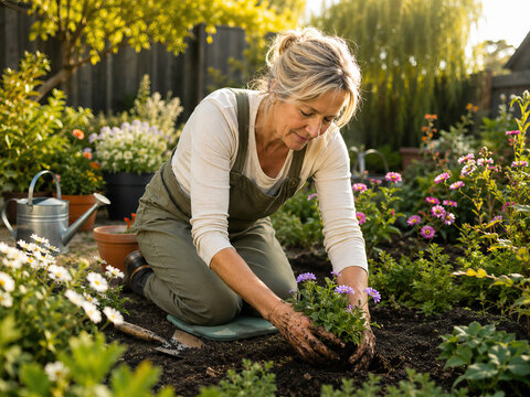 The image depicts an individual engaged in gardening activities. The person is wearing overalls that are green with a white shirt underneath.