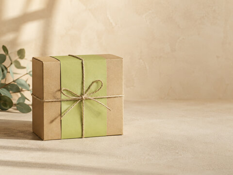 A simple yet elegant scene of a gift box with a natural aesthetic, featuring a green ribbon and a leafy plant.