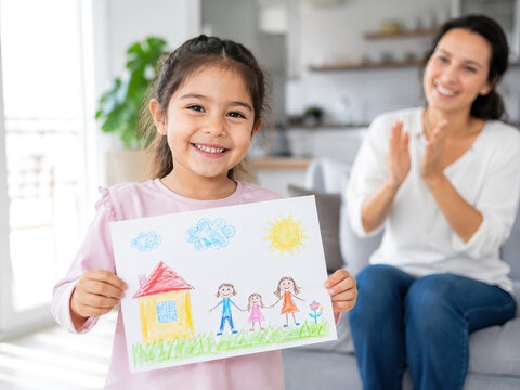 A young girl in a bright living room holds a drawing of a house and children, while her mother joyfully claps her hands in the background.