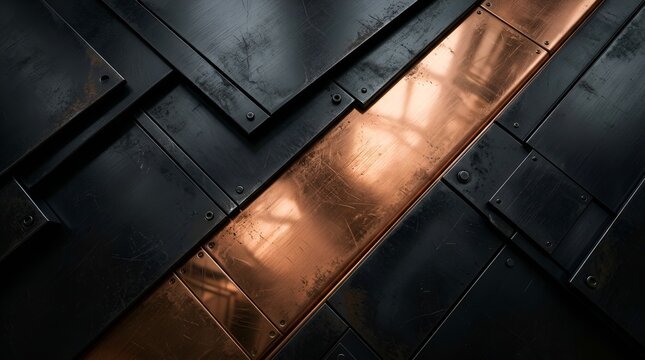 Abstract metallic background, dark steel panels with copper stripe, industrial texture.