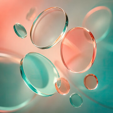 A collection of transparent glass circles with varying sizes and colors against a gradient background, creating an illusion of depth and movement.