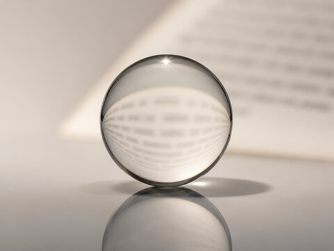 A solitary transparent glass sphere rests on a surface, creating a soft shadow and a clear reflection, emphasizing minimalism and simplicity.