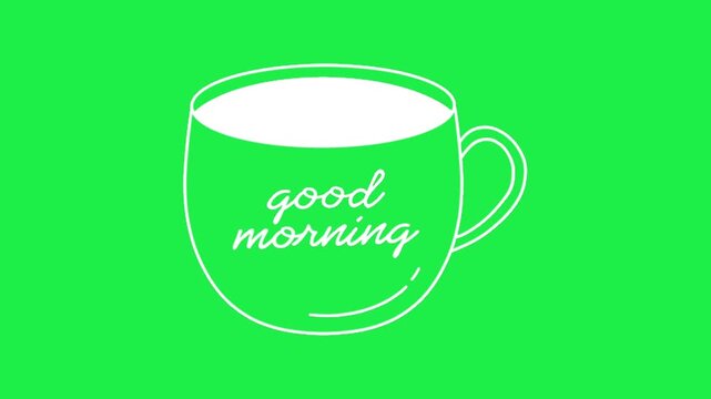 white line art coffee cup good morning text vector illustration on green screen background for chroma key editing
