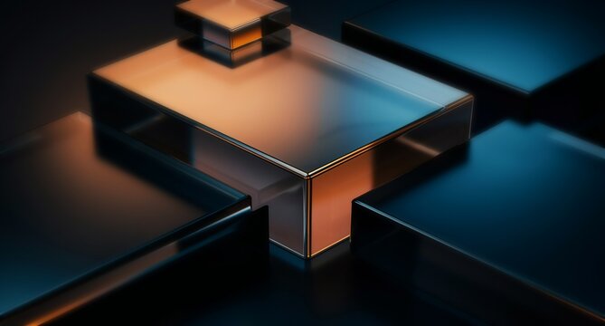 Abstract black 3d background with glass transparent square plate shapes row render. Iridescent crystal cube block pattern with terracotta blue gradient. Futuristic digital tech banner. 3D illustration