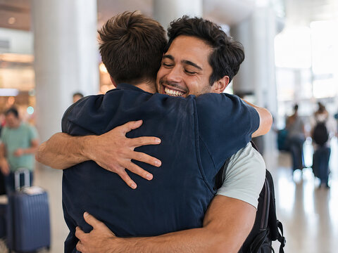 Two people embrace warmly in a bustling airport terminal, sharing a moment of joy and connection amidst travel.