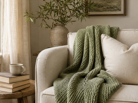 Serene indoor setting with a light-colored sofa, green knitted blanket, wooden side table, and potted plant, creating a cozy and relaxing atmosphere for rest and leisure.