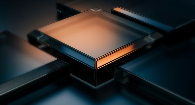 Abstract black 3d background with glass transparent square plate shapes row render. Iridescent crystal cube block pattern with terracotta blue gradient. Futuristic digital tech banner. 3D illustration
